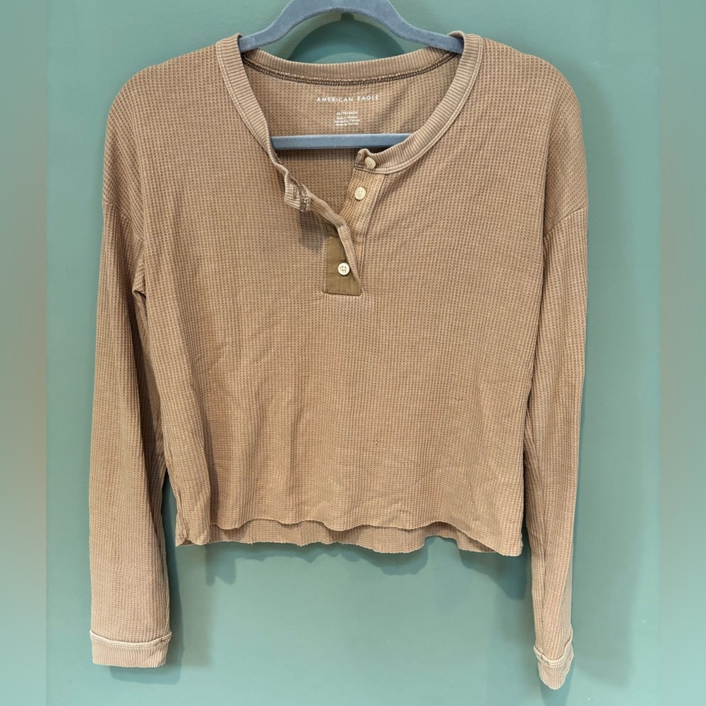 American Eagle Women's Tan Brown Henley Waffle Knit Top